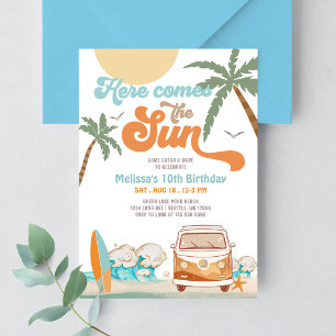 Orange Blue Here Comes the Sun Boy Birthday Party Invitation
