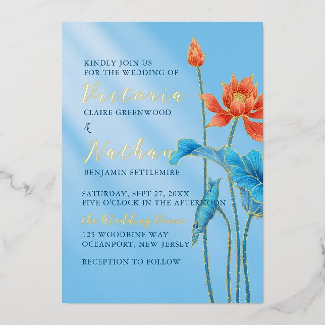 Orange & Blue Lotus Flowers Leaves Wedding (Front)