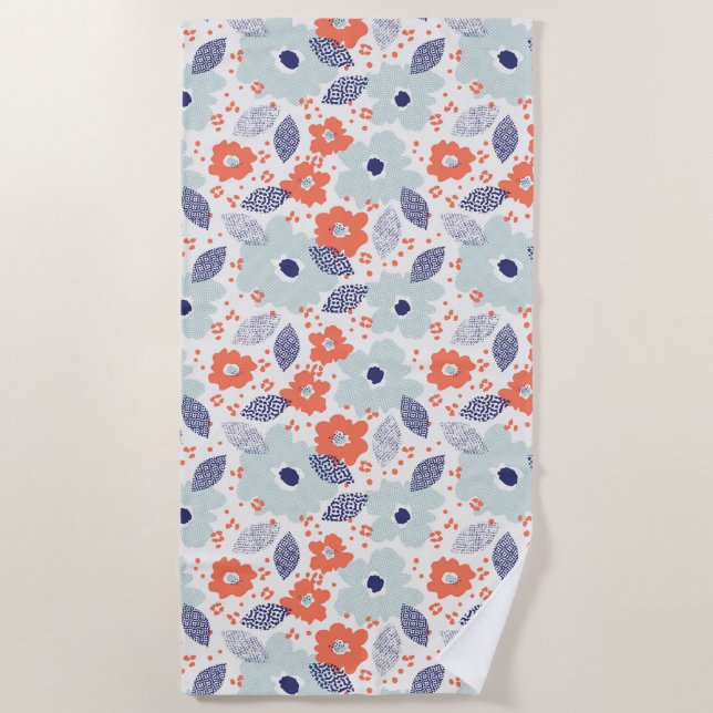 Orange & Blue Modern Flower Pattern Beach Towel (Front)