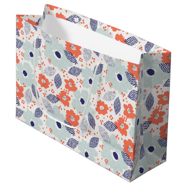 Orange & Blue Modern Flower Pattern Large Gift Bag (Front Angled)