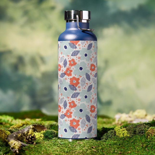 Orange & Blue Modern Flower Pattern Water Bottle (Outdoor)