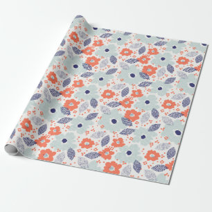Orange & Blue Modern Flower Pattern Wrapping Paper