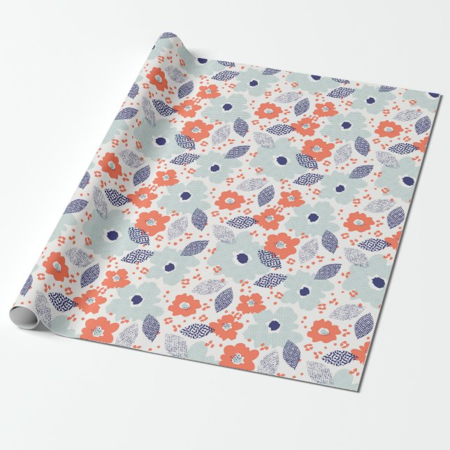 Orange & Blue Modern Flower Pattern Wrapping Paper (Unrolled)