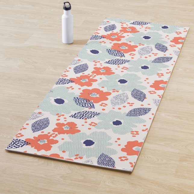 Orange & Blue Modern Flower Pattern Yoga Mat (In Situ)