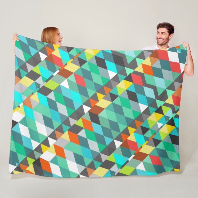Orange Blue Modern Mint Abstract Triangle Pattern Fleece Blanket (In Situ)