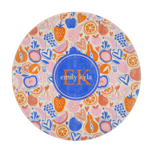 Orange Blue Monogram Fruits Vegetables Cutting Board