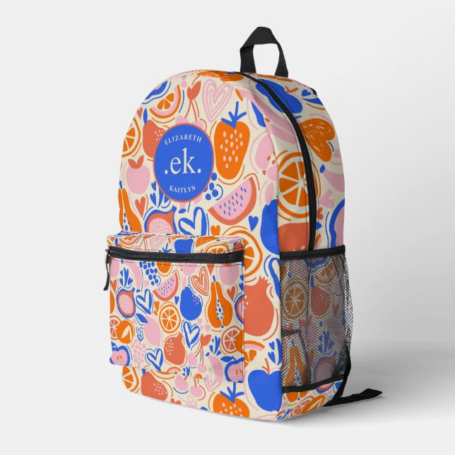 Orange Blue Monogram Fruits Vegetables Printed Backpack (Back Corner Right)