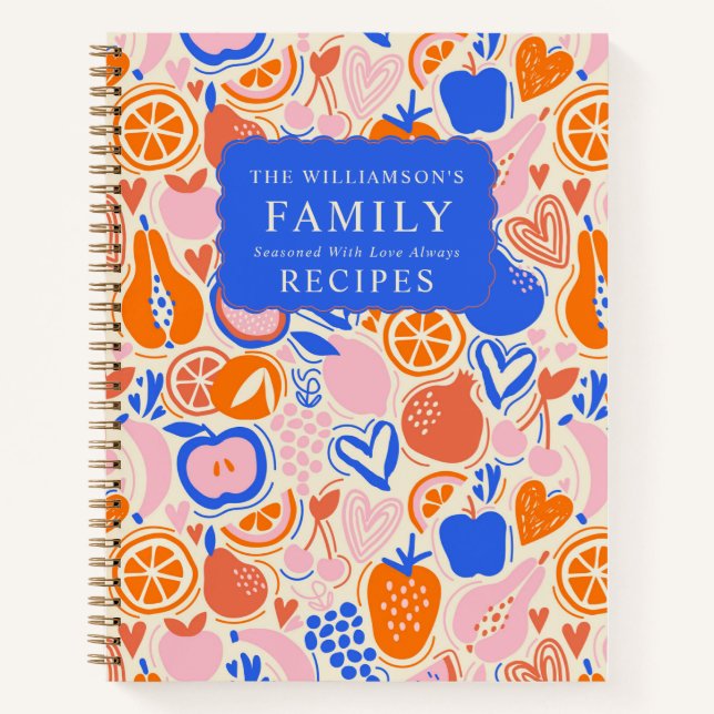 Orange Blue Monogram Fruits Vegetables Recipes Notebook (Front)