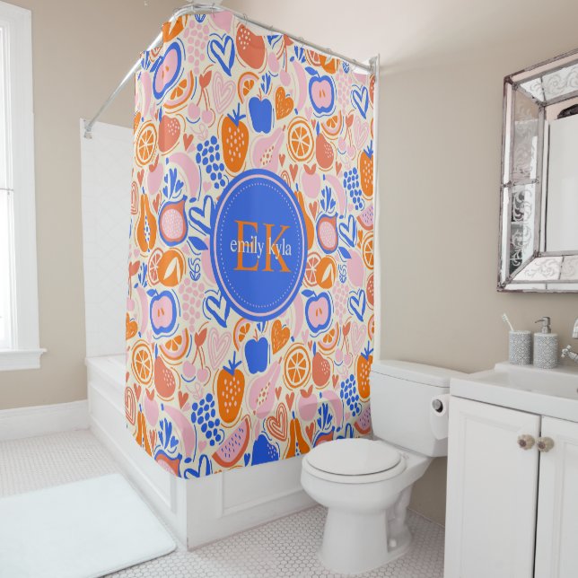 Orange Blue Monogram Fruits Vegetables Shower Curtain (In Situ)