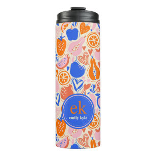 Orange Blue Monogram Fruits Vegetables  Thermal Tumbler
