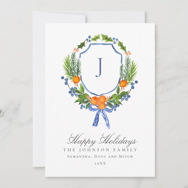 Orange Blue Monogram Winter Crest Christmas Holiday Card (Front)