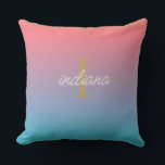 Orange Blue Ombre Hand-Lettered Script Name Cushion<br><div class="desc">Orange Blue Ombre Modern script name monogram elegant outdoor pillow</div>