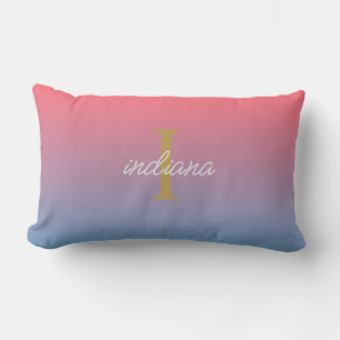 Orange Blue Ombre Modern Monogram Script Name Lumbar Cushion
