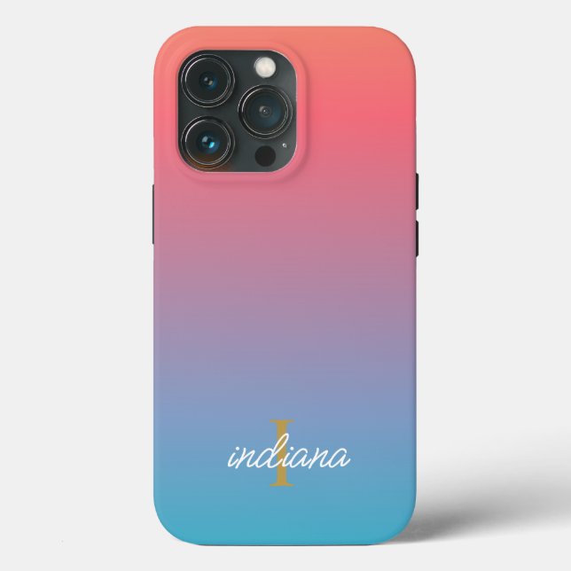Orange Blue Ombre Modern Script Monogram Name Case-Mate iPhone Case (Back)