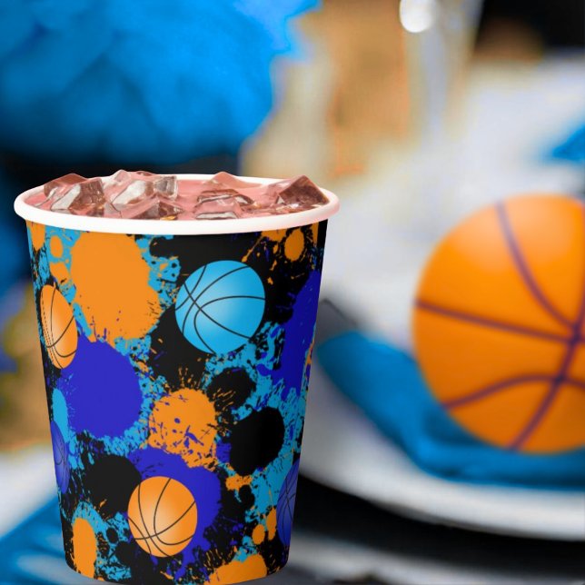 Orange & Blue Paint Splatter Basketball Birthday Paper Cups (Creator Uploaded)