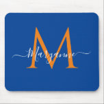 Orange & Blue Personalised Monogram Blue Mouse Pad<br><div class="desc">This mousepad features an elegant monogram font in white with your name overlaid in modern script typography. When you enter the name leave the two boxes on either side of your name to maintain the design feature. This pillow is part of our monogram series.</div>