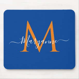 Orange & Blue Personalised Monogram Blue Mouse Pad