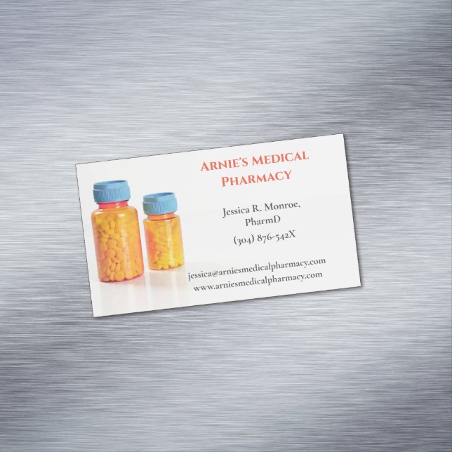 Orange Blue Pill Bottles Pharmacist Pharmacy  Magnetic Business Card (In Situ)