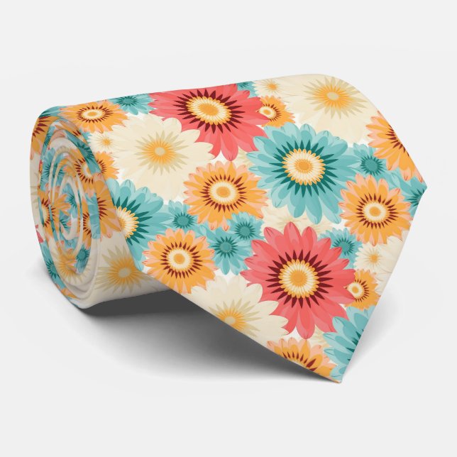  Orange Blue Red White Summer Flowers Tie (Rolled)