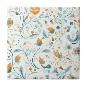 Orange blue retro floral pattern tile