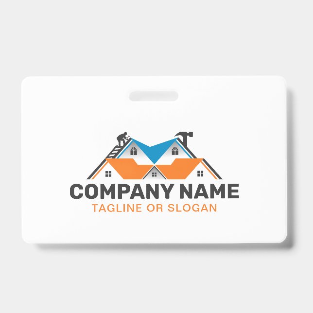 Orange Blue Roofing Remodeling House Building ID Badge (Front)