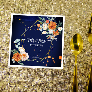 Orange blue sage flowers navy blue custom name napkin