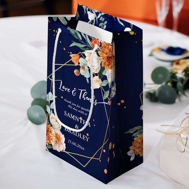 Orange blue sage flowers navy blue thank you small gift bag (Orange blue sage flowers navy blue thank you small gift bag wedding favor bag wedding welcome bag)