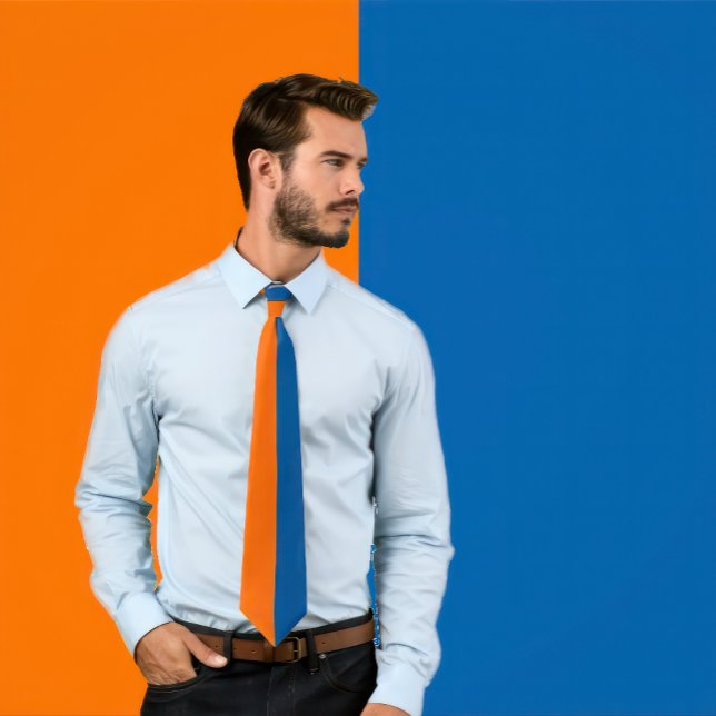 Orange & Blue Split Colour Design Neck Tie (Man wears A Orange & Blue Split Color Design Neck Tie)