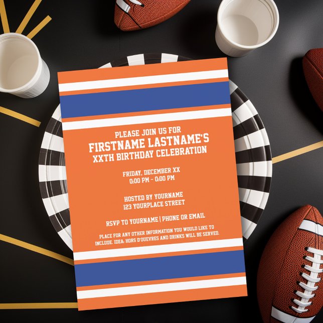Orange Blue Sports Jersey Birthday party Invitation (Birthday Party Invitation - Sports Theme - Football Party Invitation)