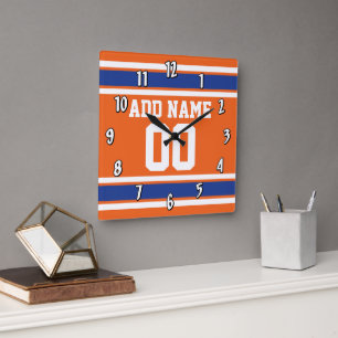Orange Blue Sports Jersey with Name and Number Square Wall Clock