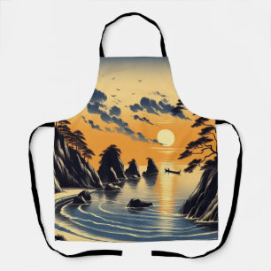 Orange Blue Sunset Japanese Ink Style Beach Art Apron