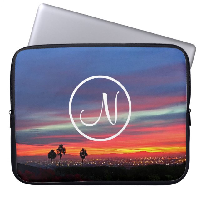 Orange blue sunset photo custom monogram modern laptop sleeve (Front)