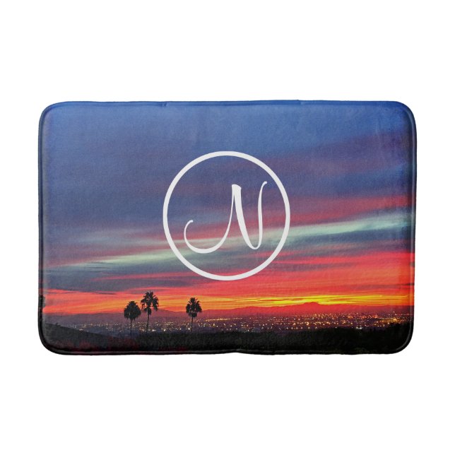 Orange blue sunset photo custom monogram stylish bath mat (Front)