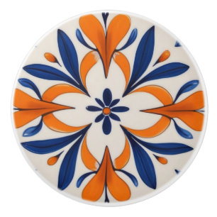 Orange & Blue Symmetrical Abstract Mediterranean Ceramic Knob