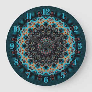 Orange Blue Teal Black Mandala Boho Art  Large Clock