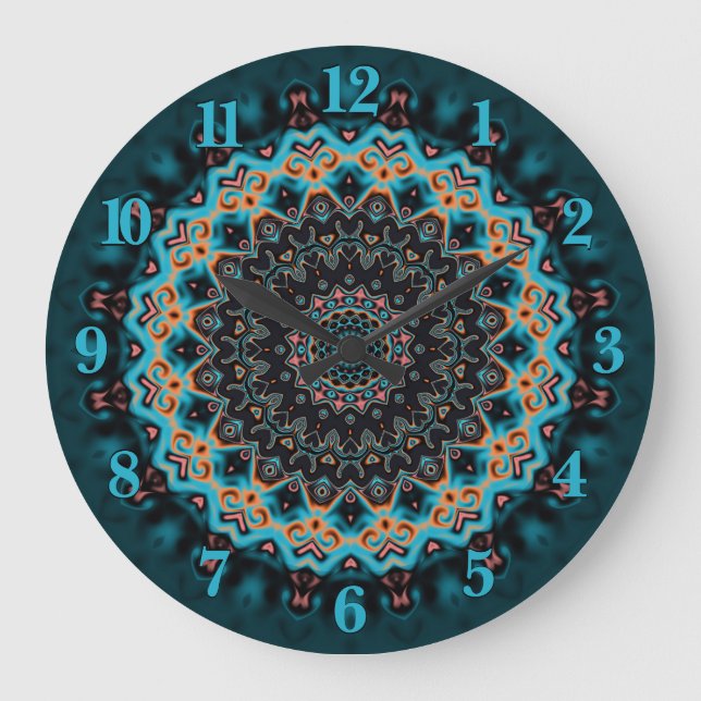 Orange Blue Teal Black Mandala Boho Art  Large Clock (Front)