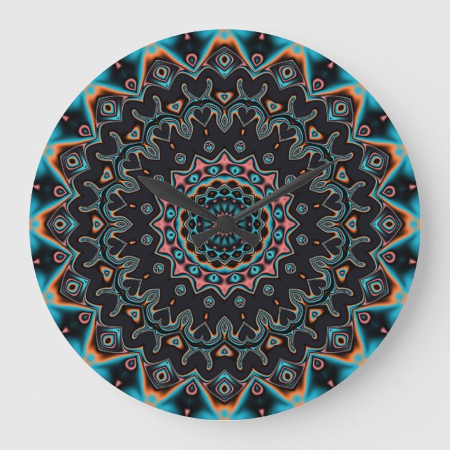 Orange Blue Teal Black Mandala Boho Art Large Clock (Front)