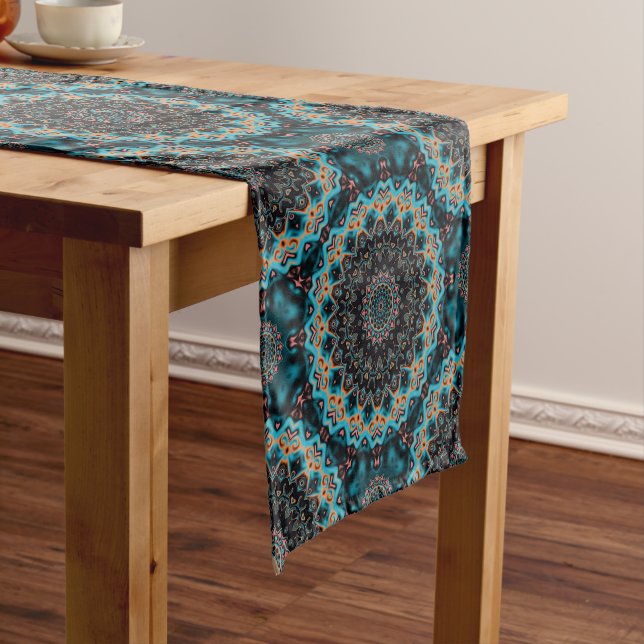 Orange Blue Teal Black Mandala Boho Pattern Short Table Runner (In Situ)