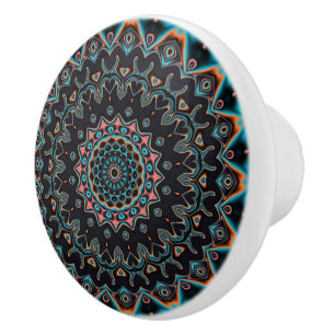 Orange Blue Teal Black Mandala Ceramic Knob