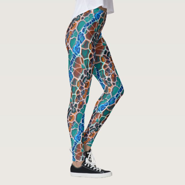 Orange Blue Teal Mosaic Stained Glass Abstraction Leggings (Right)