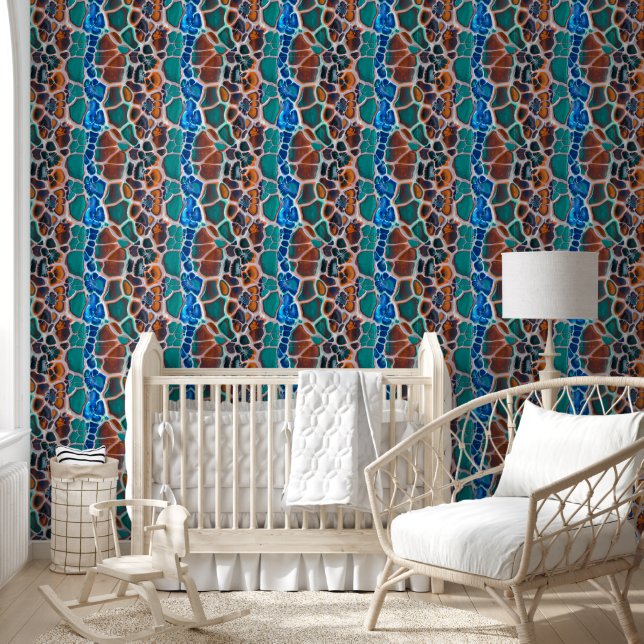 Orange Blue Teal Stained Glass Abstraction Pattern Wallpaper (Kids)