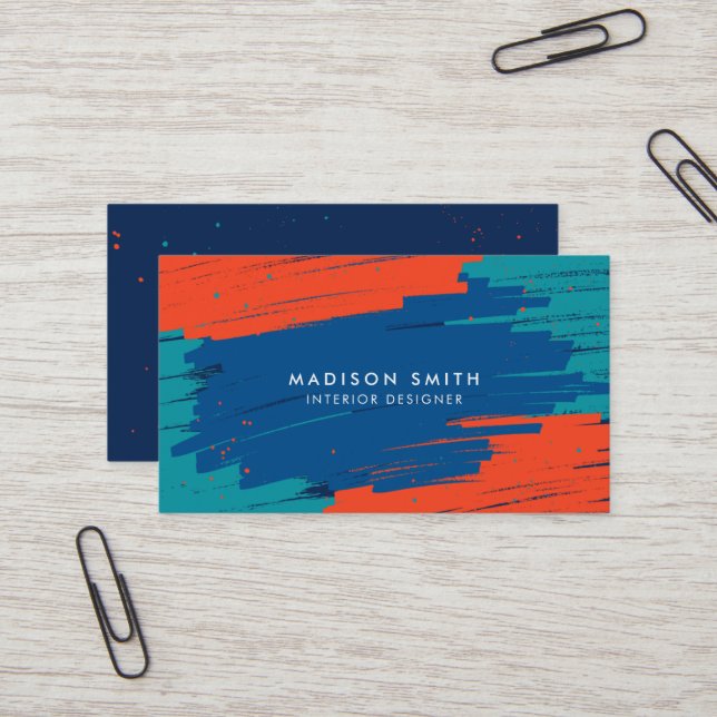 Orange Blue Teal Vibrant Modern Bold Strokes Business Card (Front/Back In Situ)