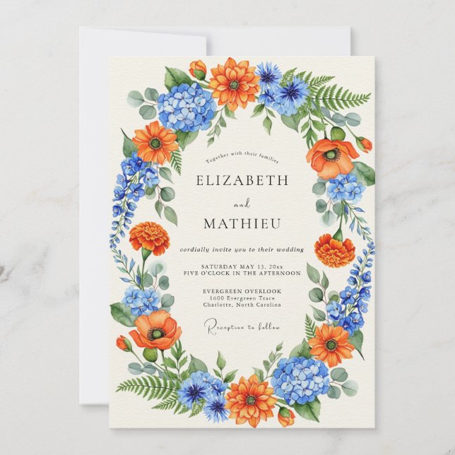 Orange Blue Vibrant Wildflower Wedding Invitation (Front)