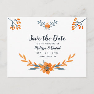 Orange Blue Watercolor Floral Romantic Wedding Announcement Postcard