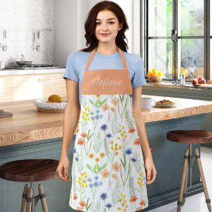 Orange Blue Watercolor Wildflower Custom Name Apron