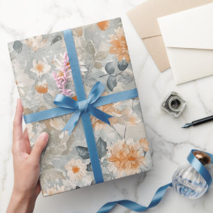Orange Blue White Flowers Birthday Wrapping Paper