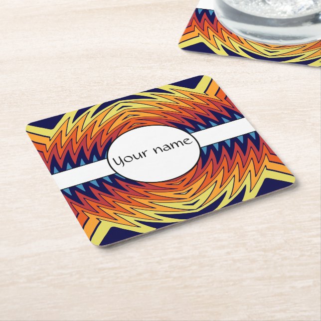 Orange blue windmill abstract design square paper coaster (Angled)