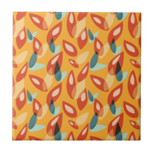 Orange Blue Yellow Abstract Autumn Leaves Pattern Tile