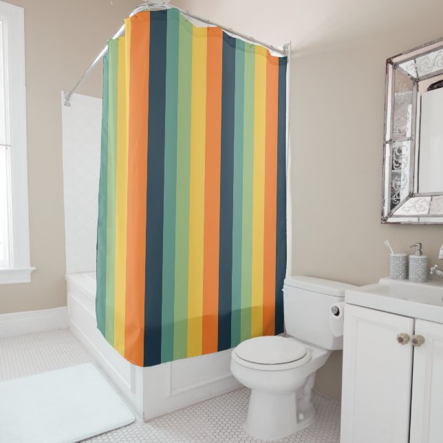 Orange, blue, yellow and green stripes shower curtain (In Situ)