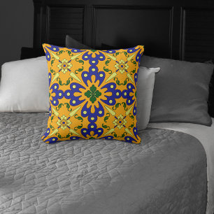 Orange Blue Yellow Spanish Tile Pattern Cushion